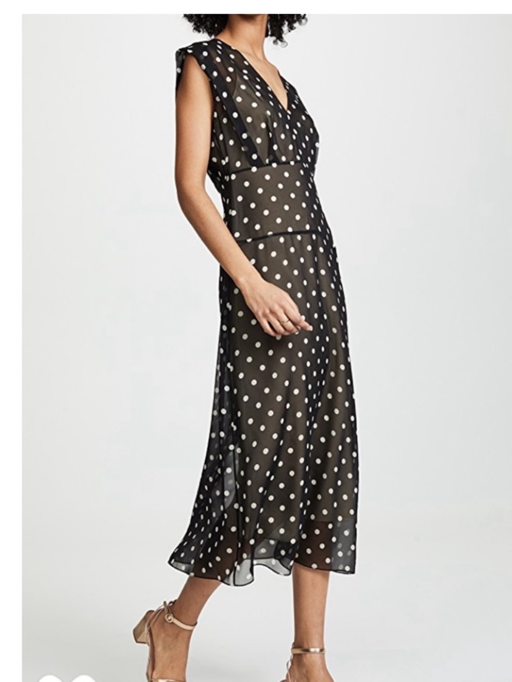 Theory Deep V Easy Midi Polka Dot Silk Dress Size 00 Black Ivory